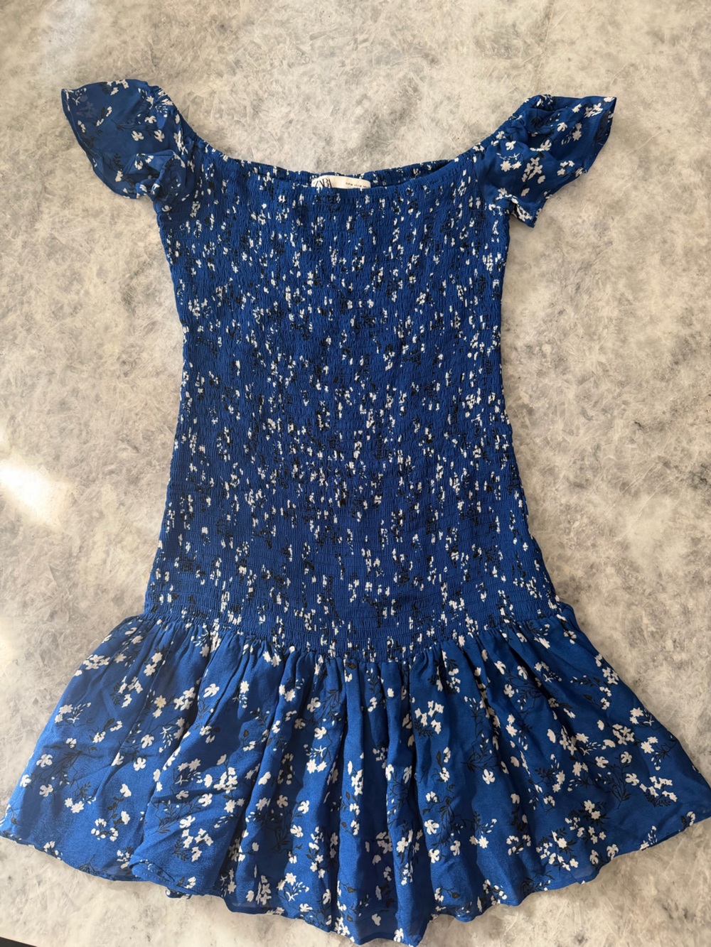 Zara Blue Floral Off-the-Shoulder Smocked Mini Dress
